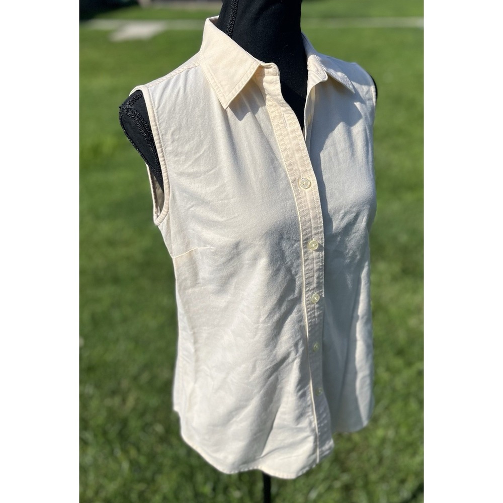 L.L.Bean Womens XS Sleeveless Button Front Shirt Cream Yellow 100% Cotton - Picture 8 of 10